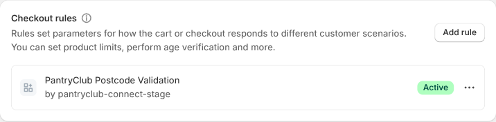 The Checkout rules section showing PantryClub Postcode Validation set to Active
