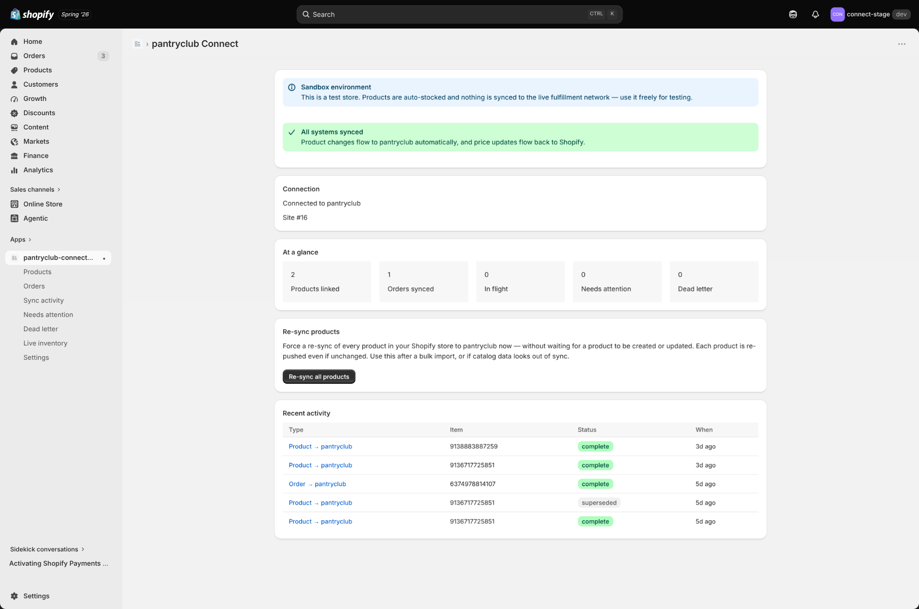 The PantryClub Connect Home dashboard