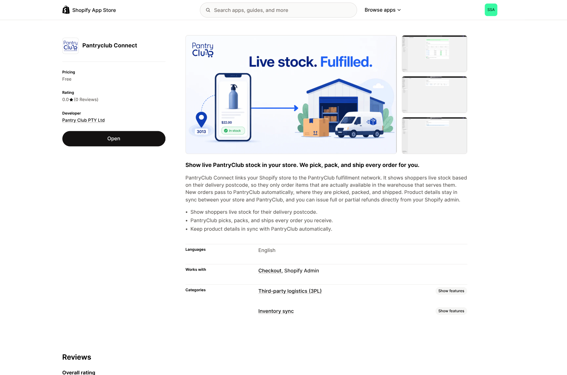 The PantryClub Connect Shopify App Store listing