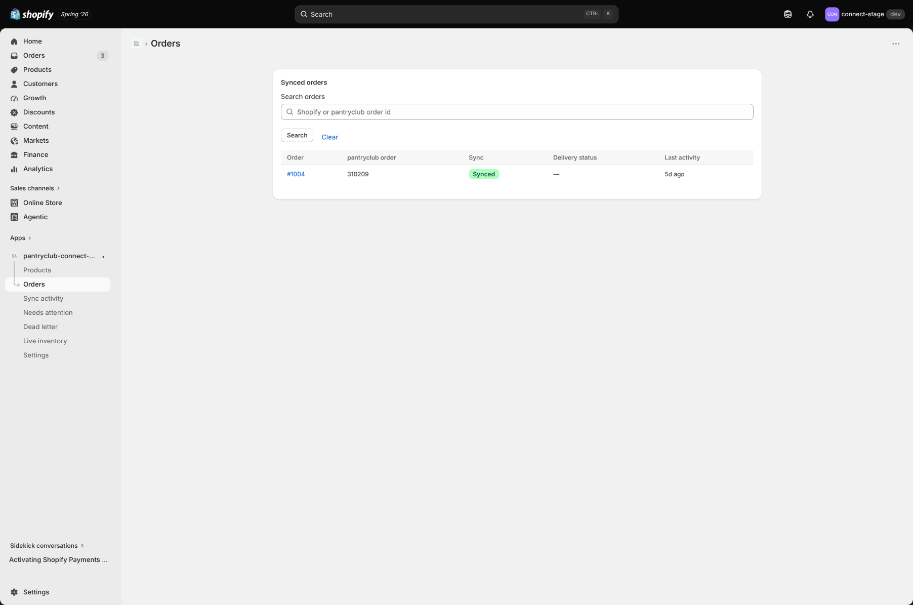The orders list with sync and delivery status badges