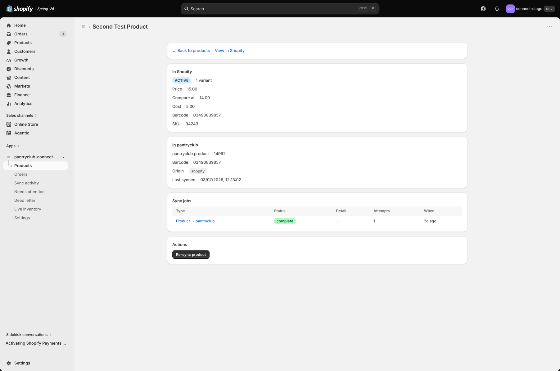Product detail showing Shopify and PantryClub side by side