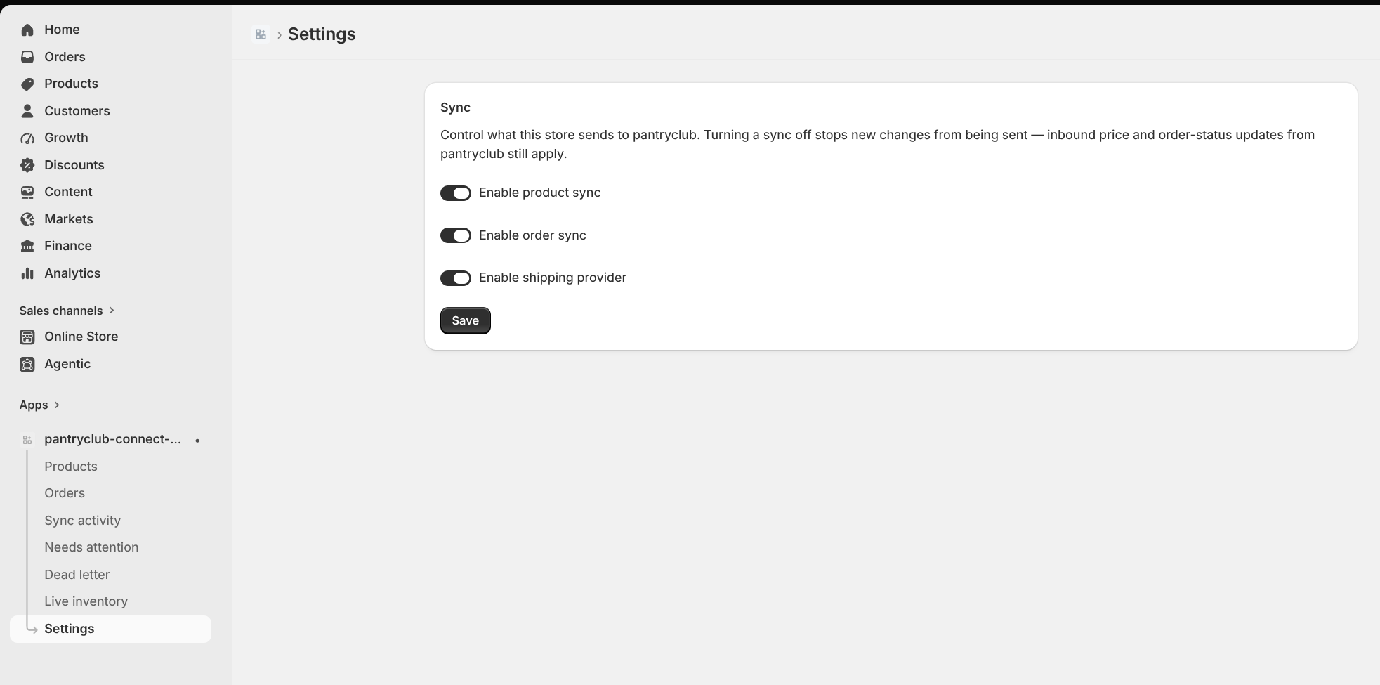 The Settings page with the sync and shipping-provider toggles