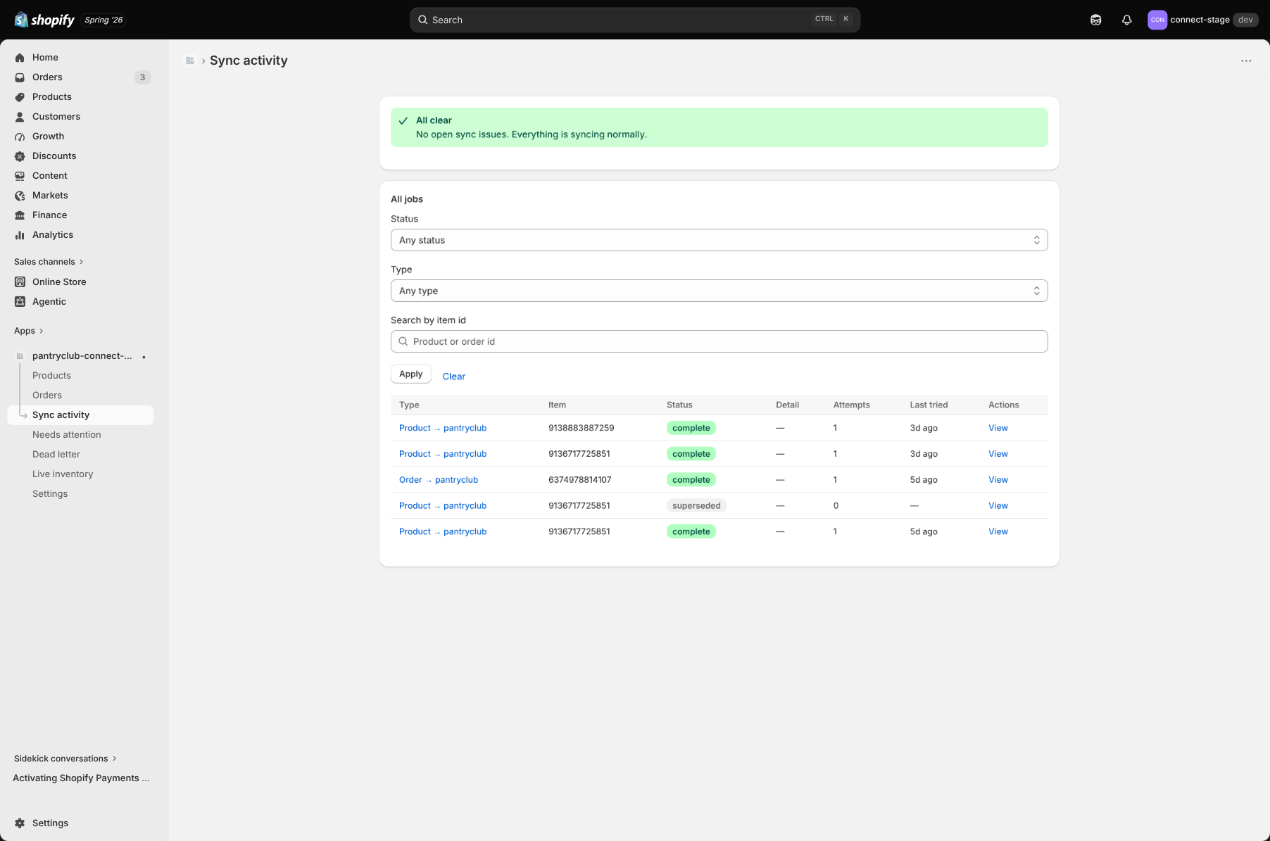 The Sync activity page with filters and the jobs table